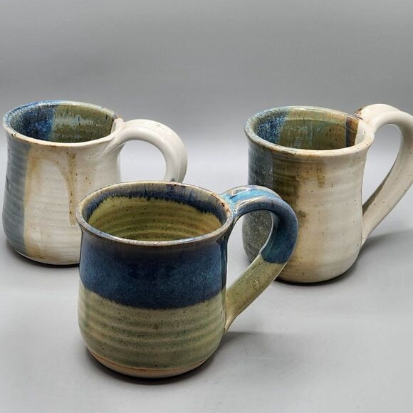 Studio Pottery Mug Thumb Rest Blue brown Drip Glaze Signed Eagle Lot Of 3 - Picture 5 of 7